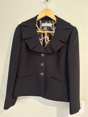 Tahari Black Ruffle Collar Blazer Jacket